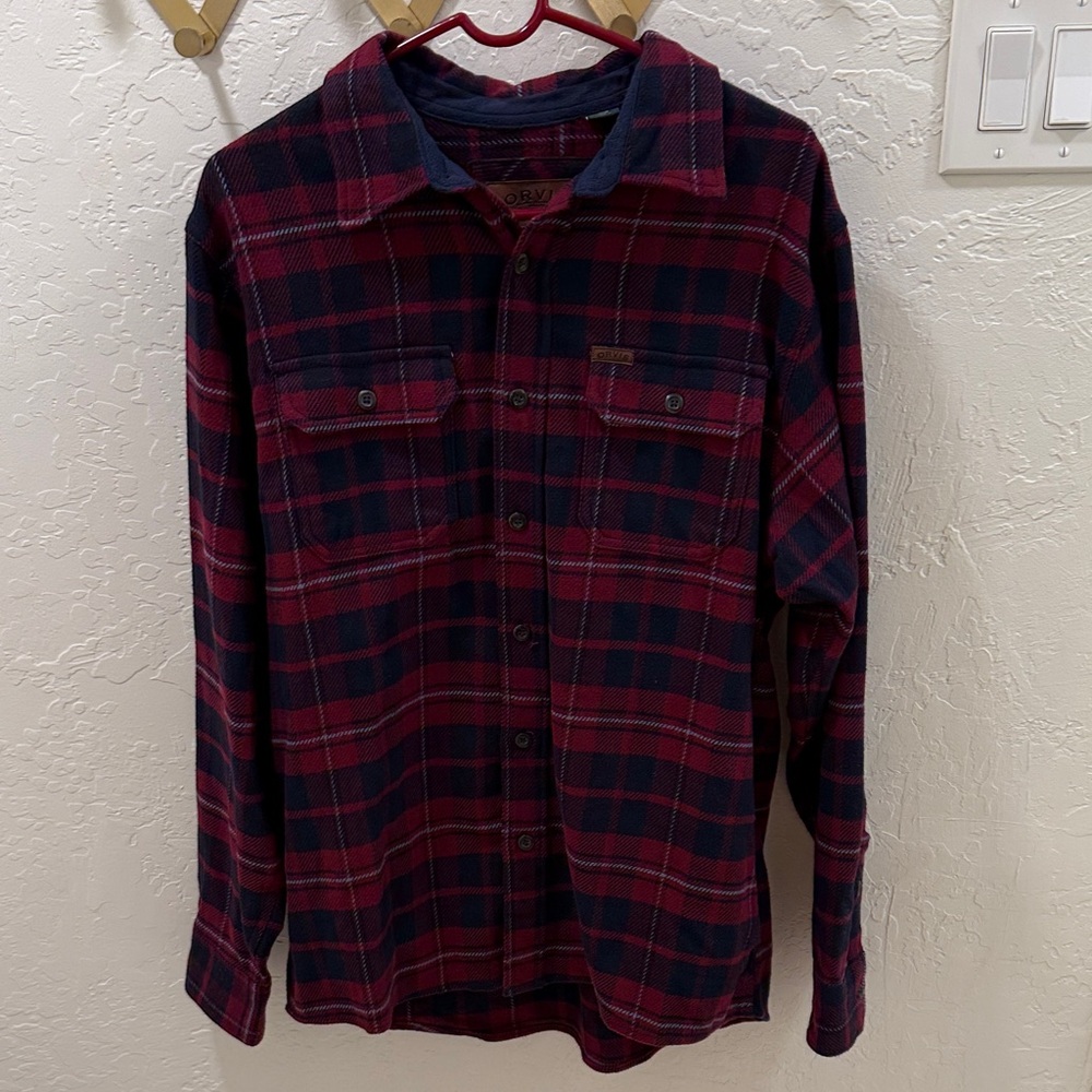 Orvis Men's Burgundy and Navy Plaid Flannel Shirt - Medium